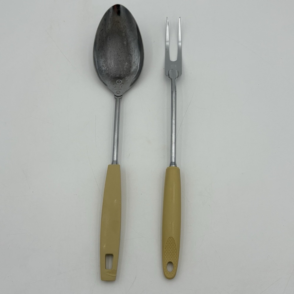 Vintage EKCO USA‎ Chromium Plated Spoon & Fork Set Yellow Handles Mid Century